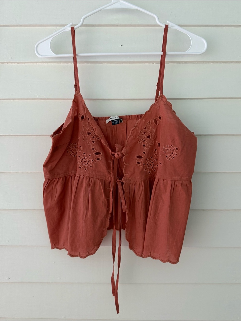 American Eagle Embroidered Tie Front Babydoll Tank Top Rust Orange Size M